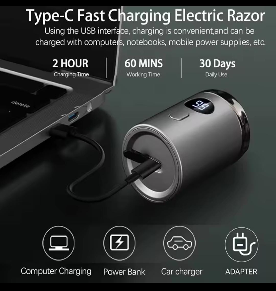 Type-C Fast Charging Mini Electric Shaver for Men | Portable USB Rechargeable Beard Trimmer with LED Display