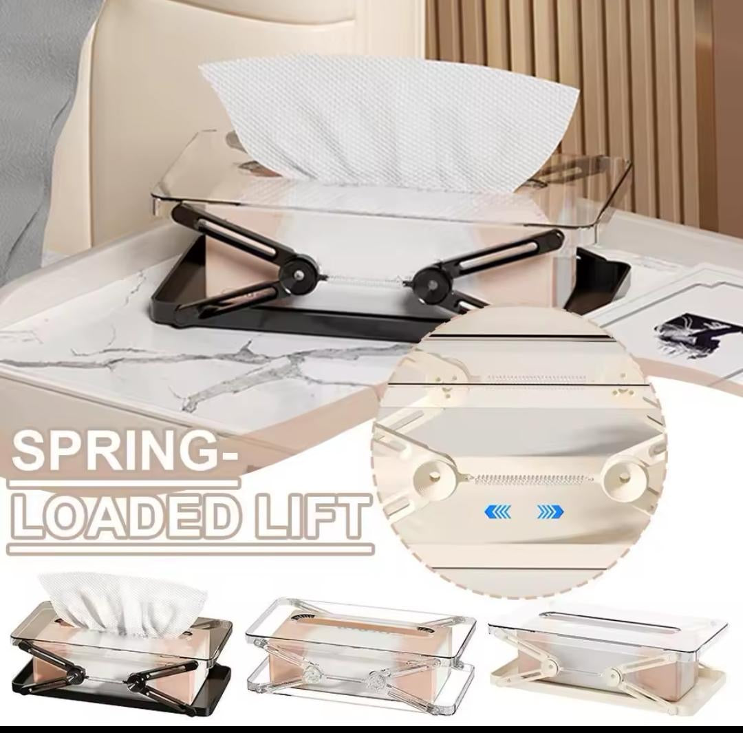 Spring Loaded Acrylic Tissue Box Holder with Lift Up Mechanism Premium Napkin Dispenser for Home, Office & Car