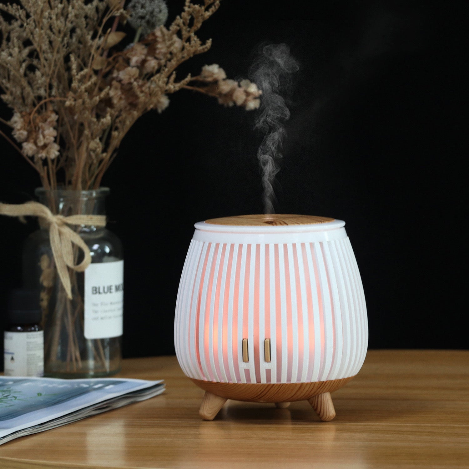 USB Ultrasonic Essential Oil Aroma Diffuser | Cool Mist Humidifier | LED Night Light | Wood Grain Air Freshener for Home, Office & Bedroom