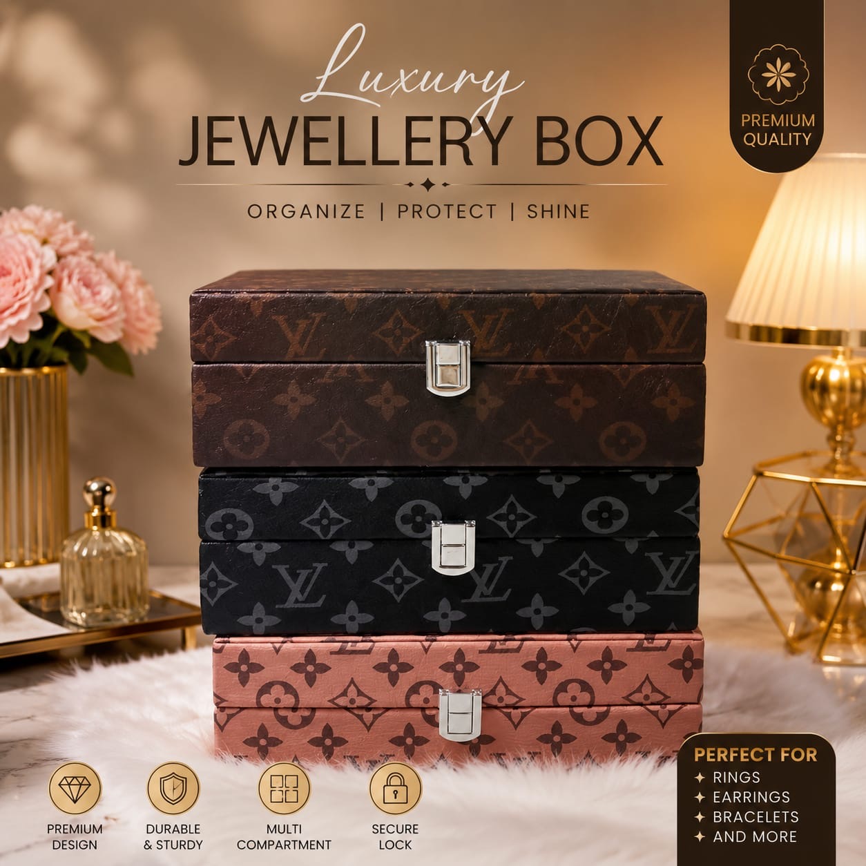 Luxury Multi Compartment Jewellery Storage Box with Secure Lock