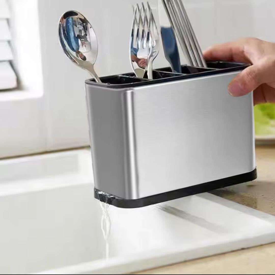 Stainless Steel Kitchen Utensil Holder & Cutlery Organizer (4-Compartment Countertop Caddy)