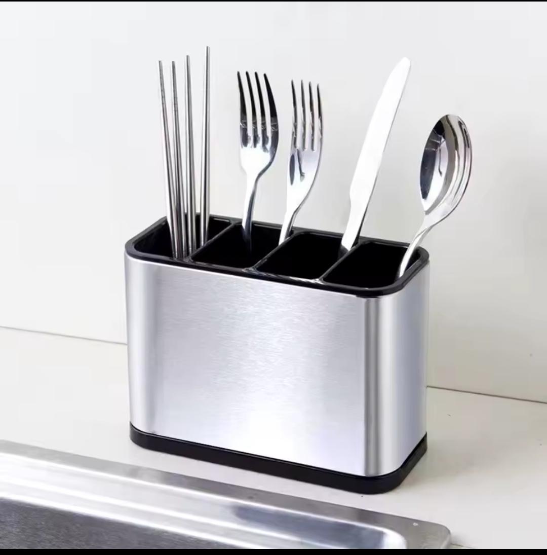 Stainless Steel Kitchen Utensil Holder & Cutlery Organizer (4-Compartment Countertop Caddy)