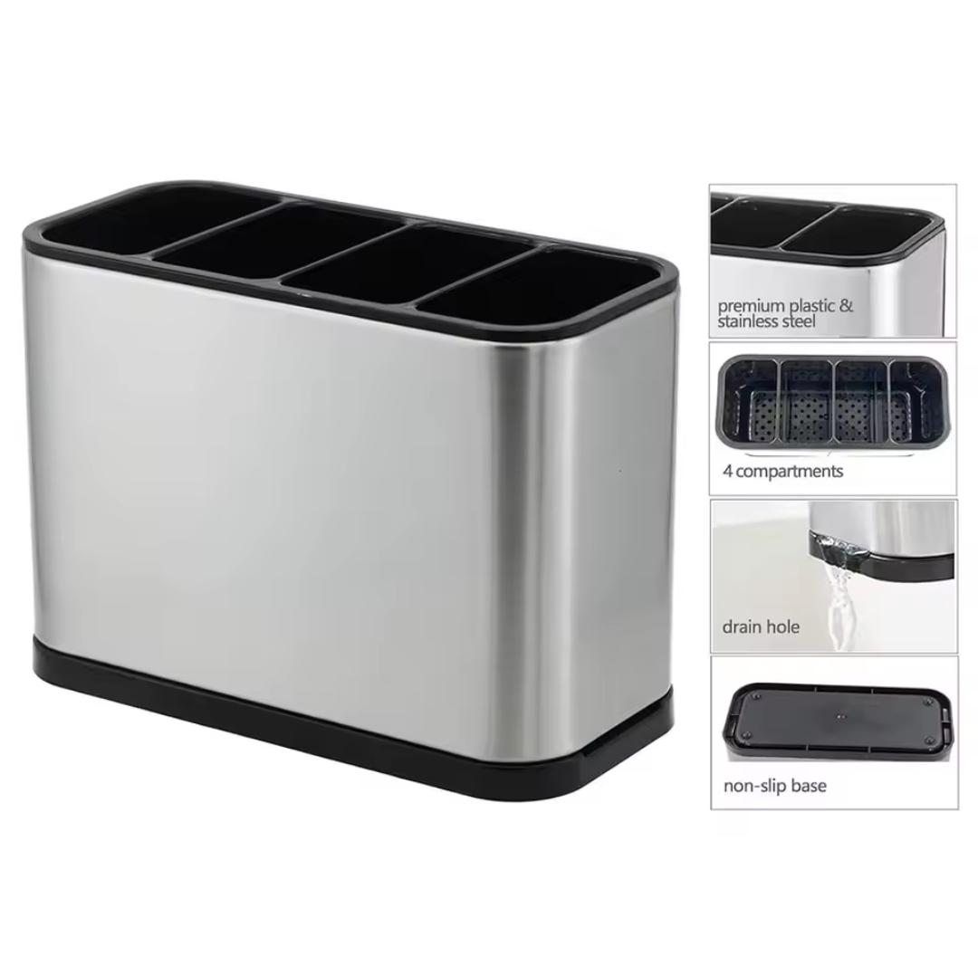 Stainless Steel Kitchen Utensil Holder & Cutlery Organizer (4-Compartment Countertop Caddy)