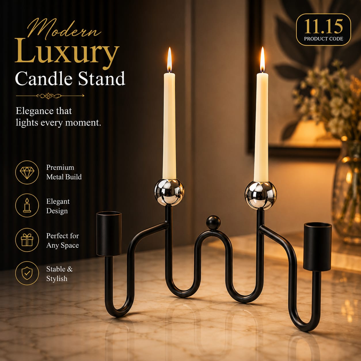 Modern Black & Gold Luxury Candle Holder Set