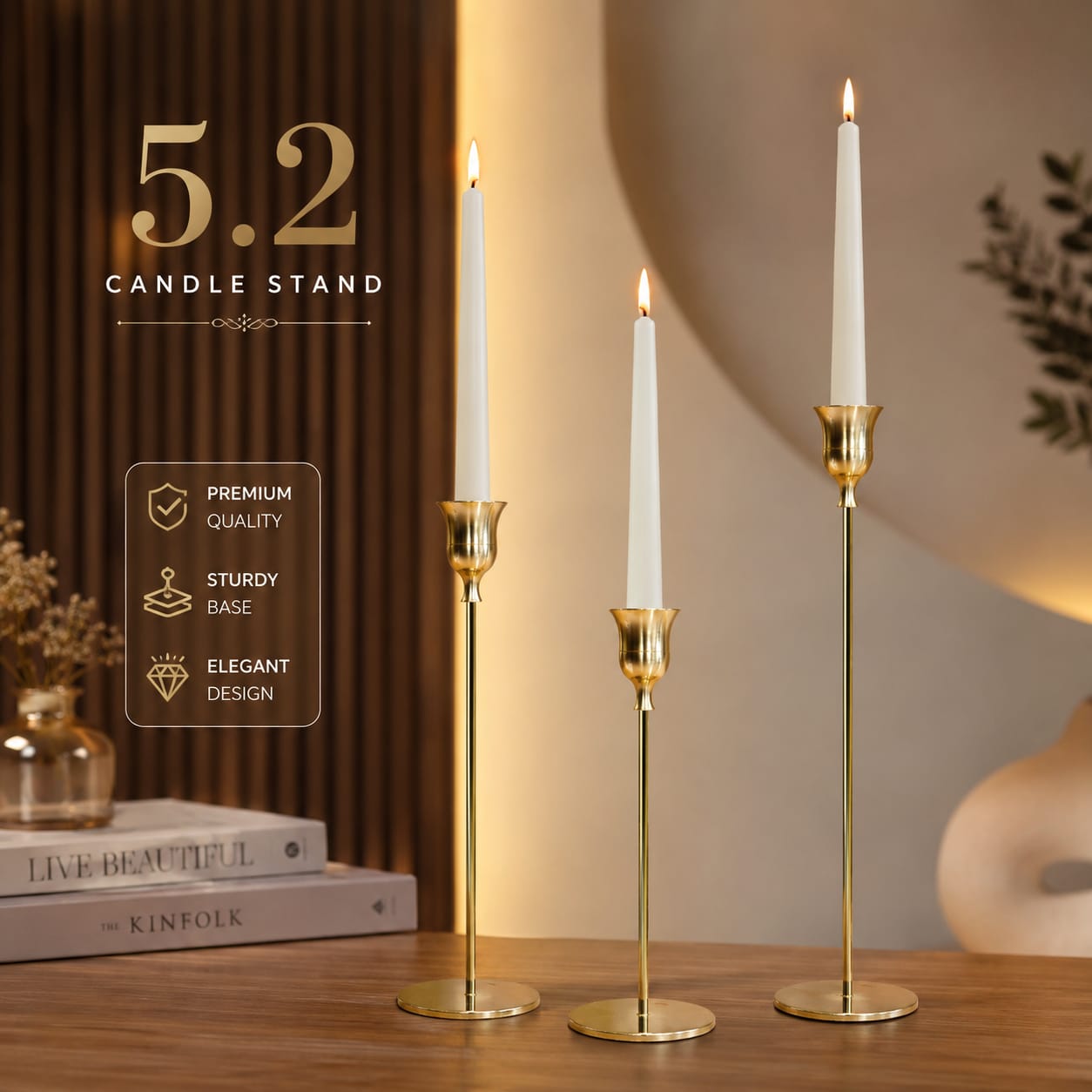 Luxury Gold Metal 3 Piece Candle Holder Set Modern Taper Candle Stand for Home Décor