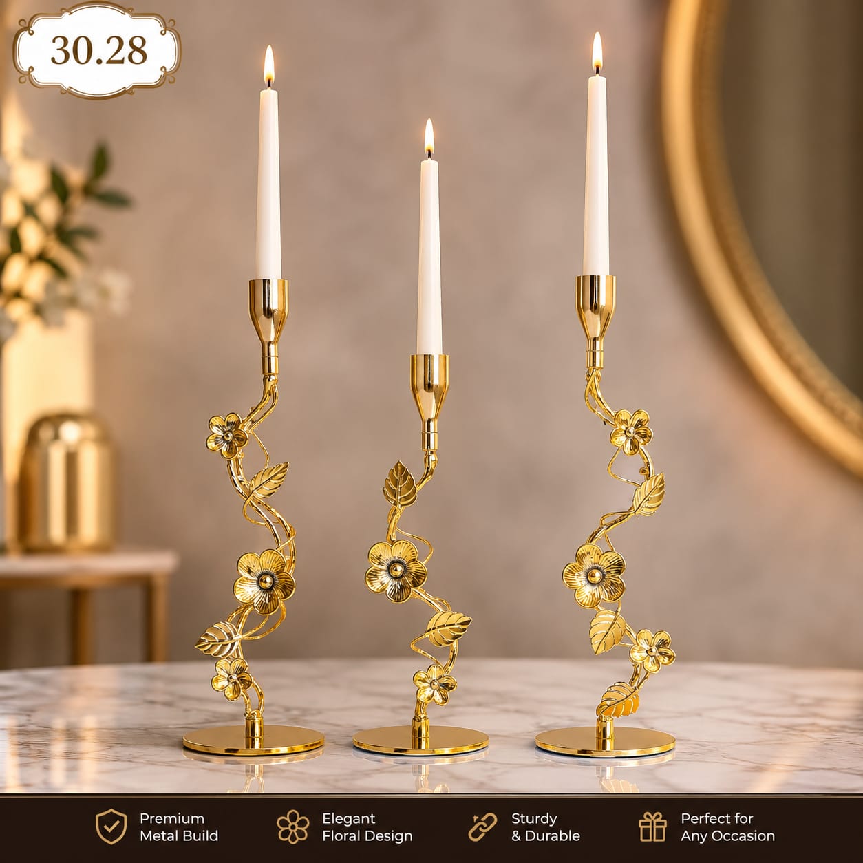 Luxury Gold Floral Candle Holder Set | Elegant Metal Taper Candle Stands for Home Décor