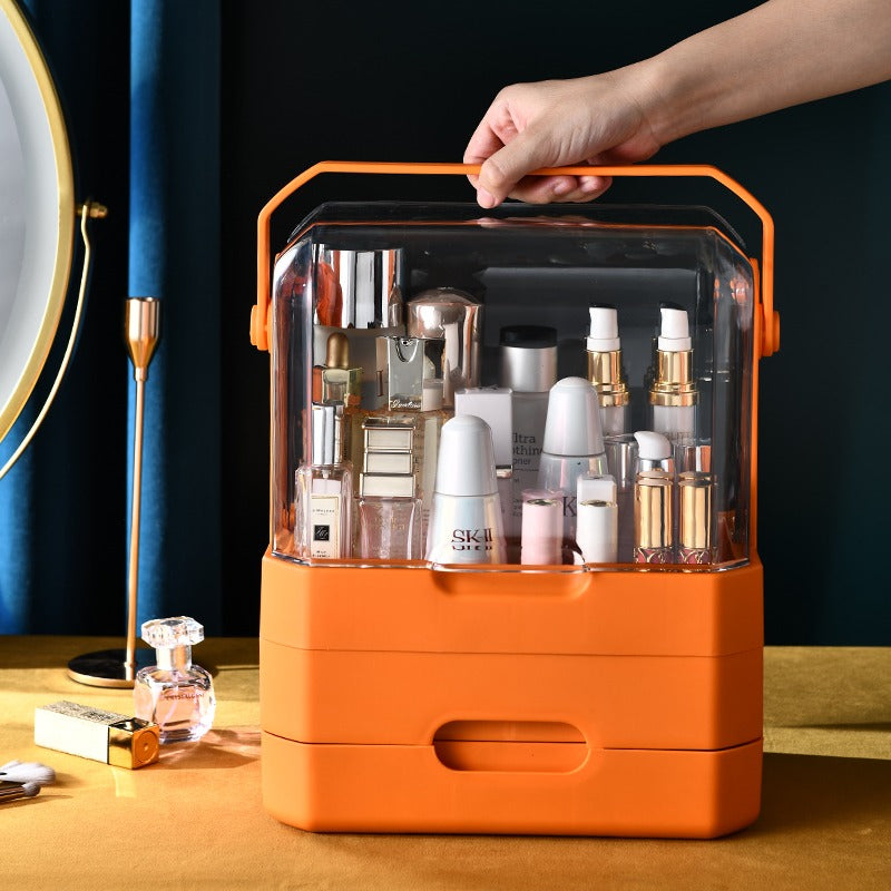 Large Capacity Portable Makeup Organizer Box - Dustproof Cosmetic Storage Case with Drawers & Handle