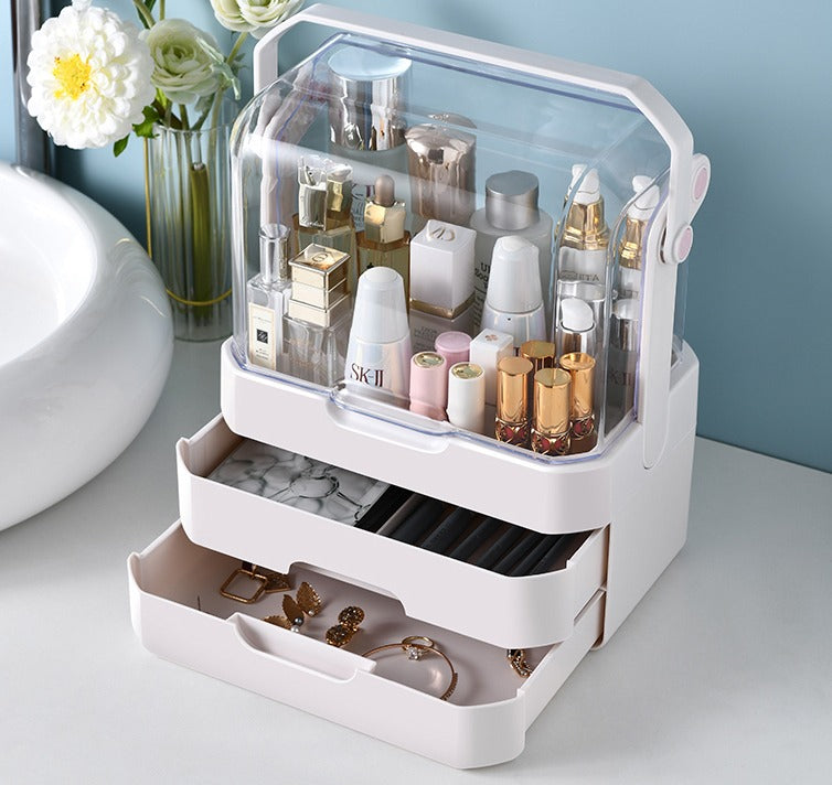 Large Capacity Portable Makeup Organizer Box - Dustproof Cosmetic Storage Case with Drawers & Handle