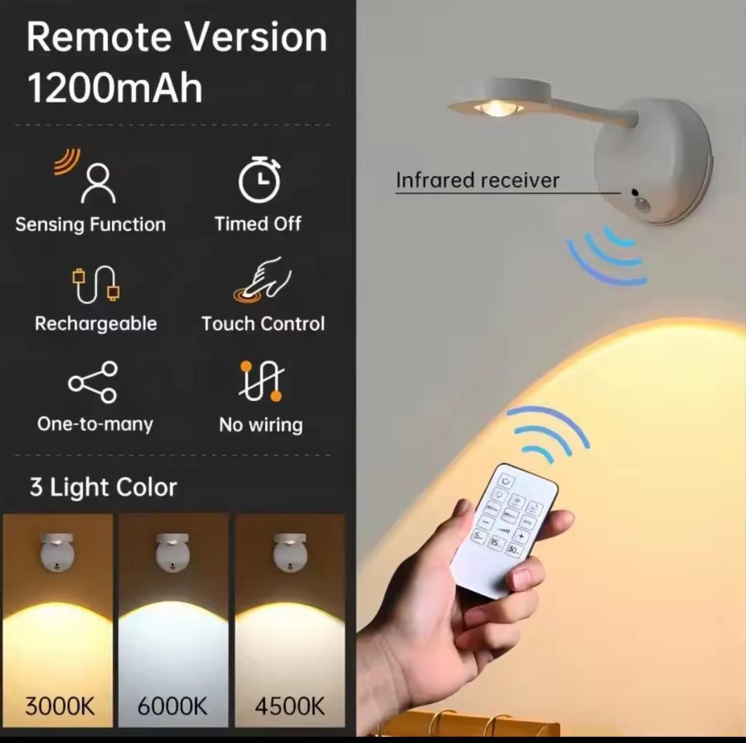 Smart Motion Sensor LED Wall Light - 1200mAh Rechargeable Wireless Night Lamp with Remote Control