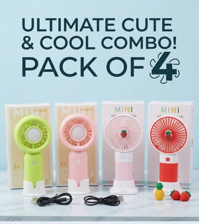Premium Pack of 4 Mini Portable Handheld Fans - USB Rechargeable with Desktop Stand Combo