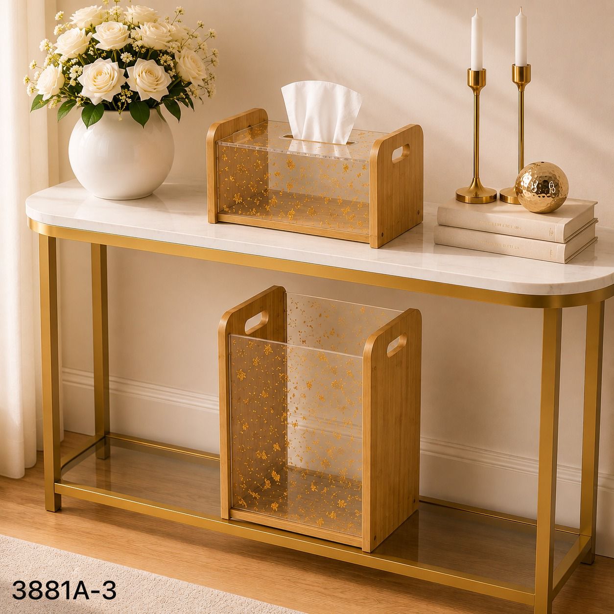 Luxury Bamboo & Acrylic Tissue Box and Matching Waste Bin Set (Premium Home Organizer Combo)