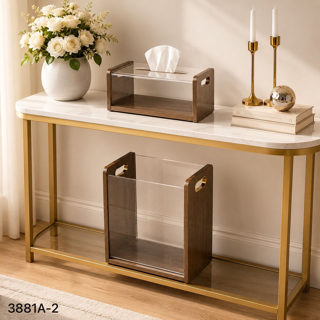 Luxury Wooden & Acrylic Living Room Storage Set (Tissue Box Holder and Waste Bin / Magazine Basket)