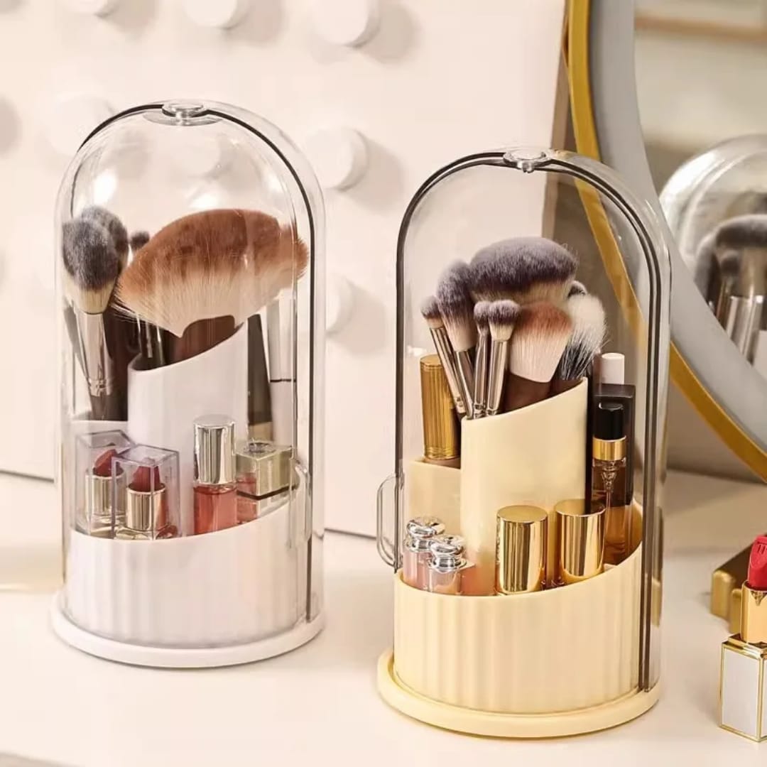 360° Rotating Makeup Brush Holder Dustproof Large Capacity Cosmetic Storage Box with Clear Lid for Lipstick Eyeshadow & Beauty Accessories